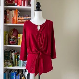 Red Keyhole Tie-Front Blouse with Detail